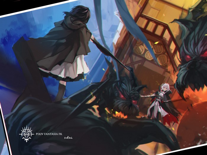 Anime girls fighting dragons in a city