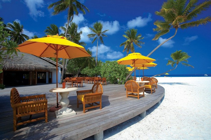 Beach resort with outdoor seating and palm trees