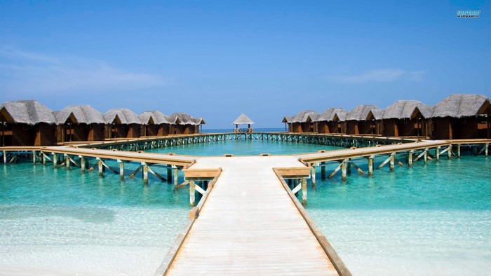 Overwater bungalows on a pier in the Maldives