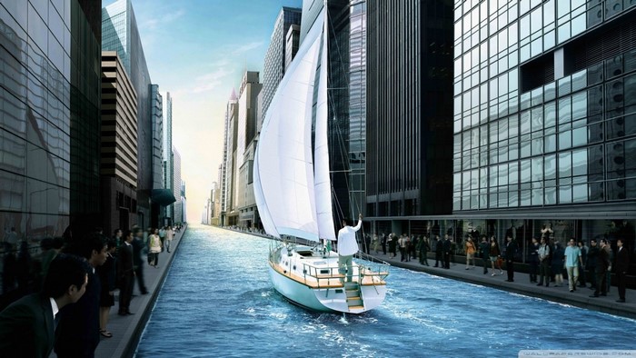 Sailboat navigates flooded city street with skyscrapers and pedestrians