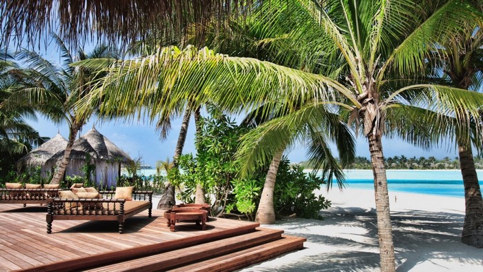 Tropical resort with thatched huts and beach loungers