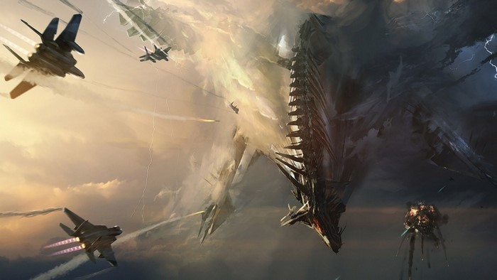 Jets battle a colossal alien creature in a stormy sky