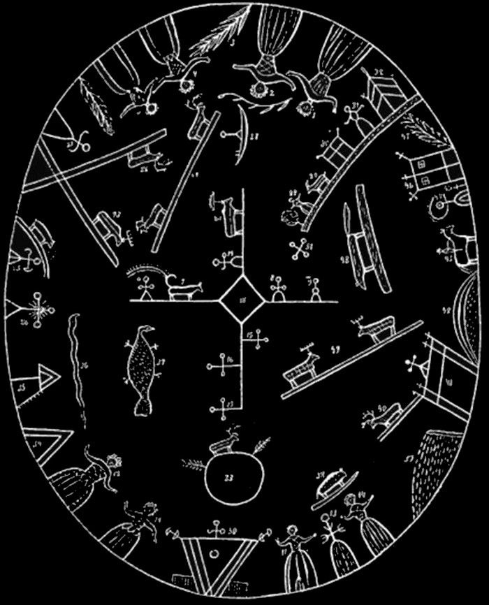 Monochrome illustration of a circular tribal design with figures and symbols