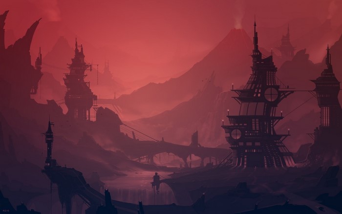 Futuristic city on a red planet with volcanoes