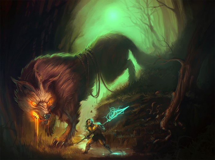 Warrior fights a giant wolf in a dark forest