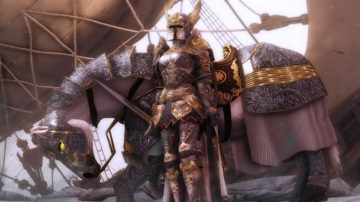 Paladin in ornate armor with a dragon-like creature from The Elder Scrolls V Skyrim