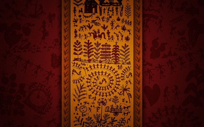 Warli tribal art on fabric with red background