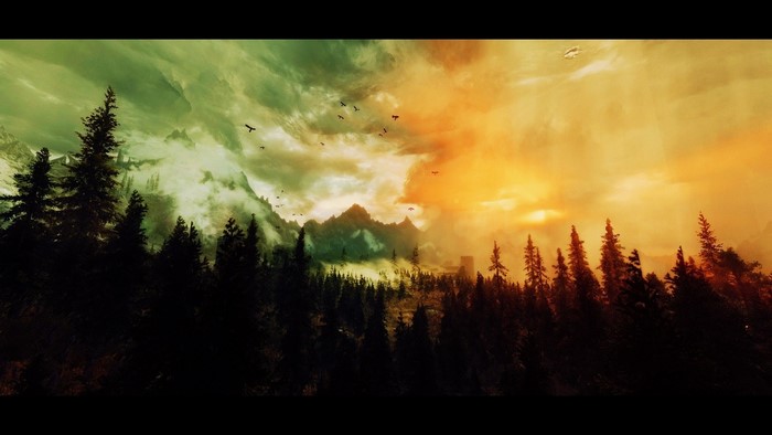 The Elder Scrolls V Skyrim landscape with mountains and forest