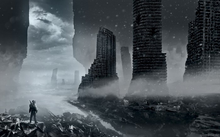 Apocalyptic cityscape with a lone figure overlooking ruins
