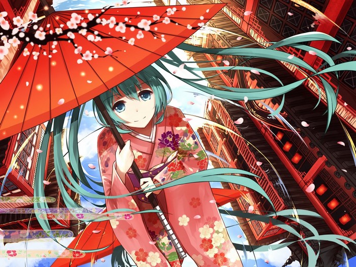 Hatsune Miku in Kimono with Umbrella and Cherry Blossoms