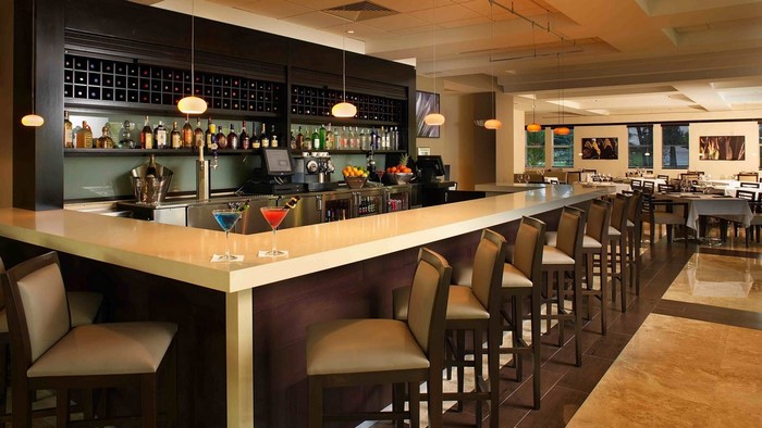 Interior of a modern bar and restaurant with seating