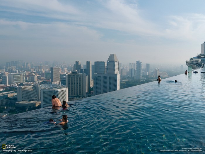 Infinity pool overlooking Singapore cityscape