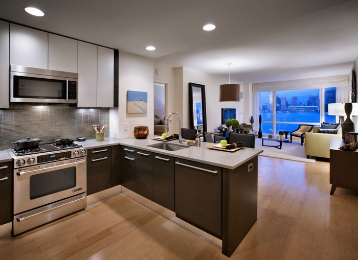 Modern apartment kitchen and living room with city view