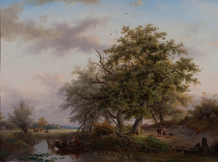 Landscape painting with a boat on a river and people
