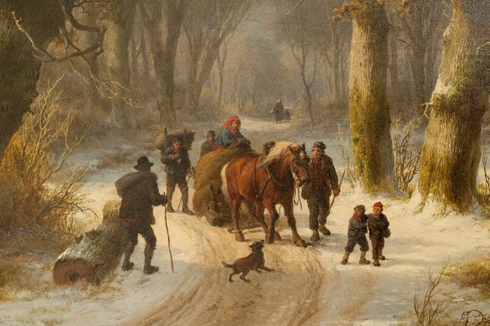 Winter scene with horse-drawn sleigh and peasants