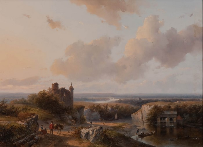 Serene Castle Landscape with Boat and Donkey at Dusk