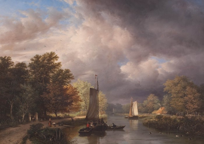 Boats on a river under stormy clouds