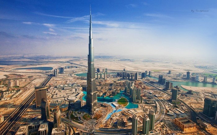Burj Khalifa and Dubai skyline aerial view