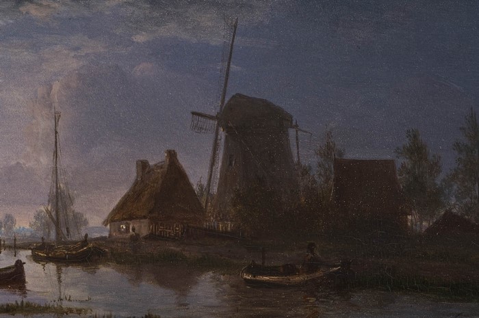 Evening River Scene with Windmill and Boats