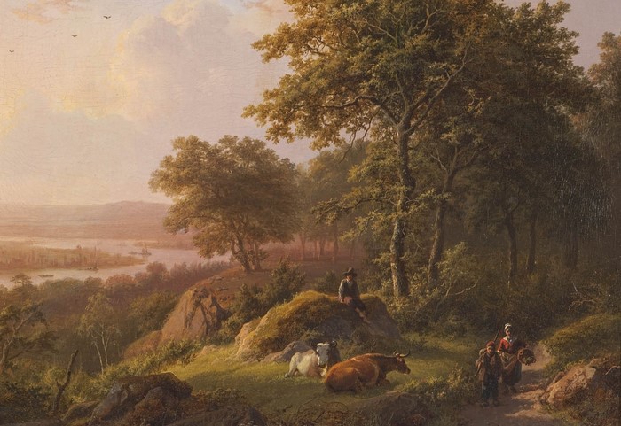 Landscape painting with cows and people by a river