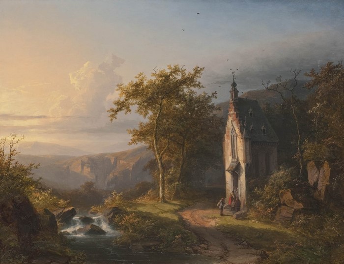 Landscape painting of a chapel by a stream at sunset