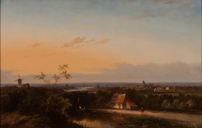 Serene Sunset Landscape with Windmill and Cottage