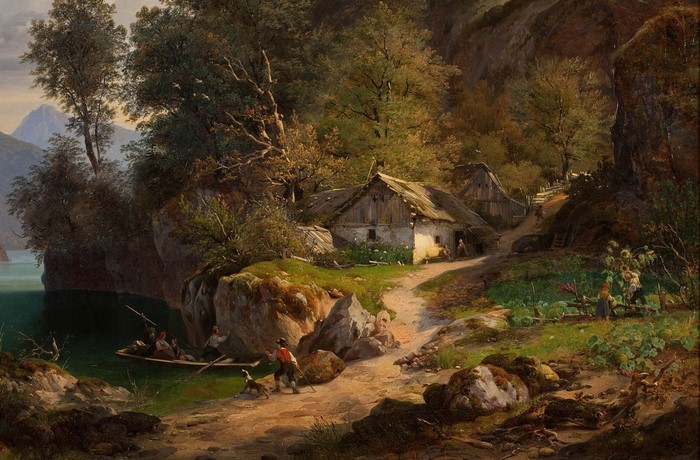 Pastoral scene with cottages and a boat on a lake