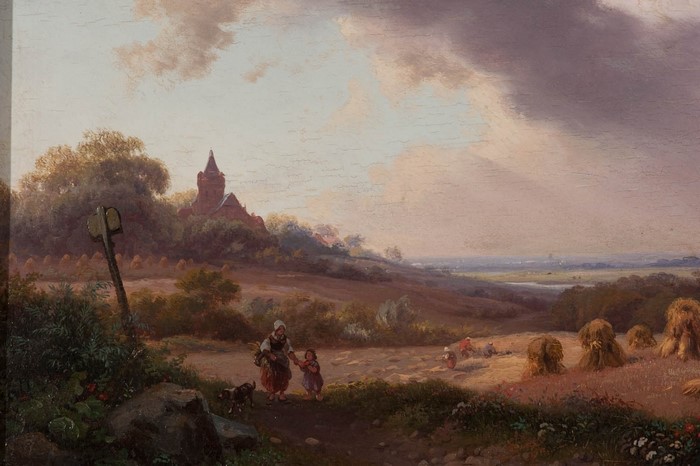 Rural landscape painting with peasants and a church