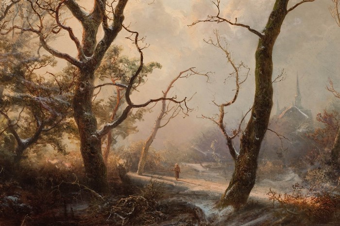 Painting of a winter forest path with a lone figure and a distant church