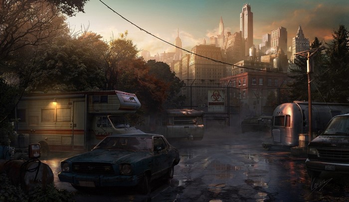 Apocalyptic cityscape with abandoned vehicles and RVs