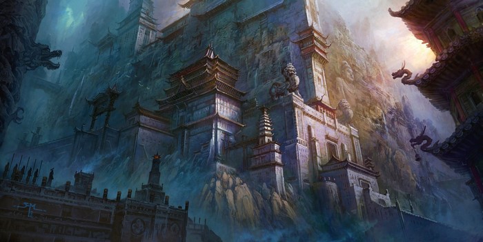 Fantasy art painting of a castle on a mountain