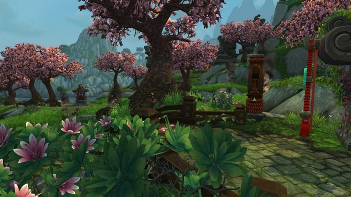 World of Warcraft Mists of Pandaria garden with cherry blossoms