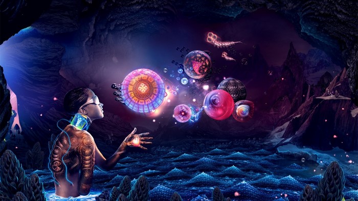 Surreal cave with glowing orbs and a tattooed figure