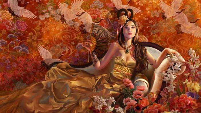 Woman in golden dress with fan and cranes