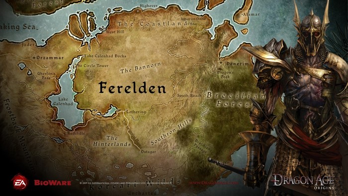 Map of Ferelden from Dragon Age: Origins with a Grey Warden