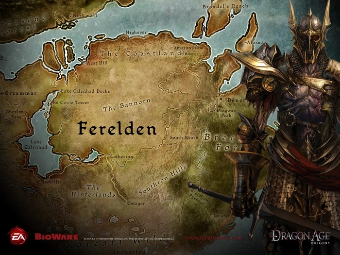 Map of Ferelden from Dragon Age Origins with a warrior