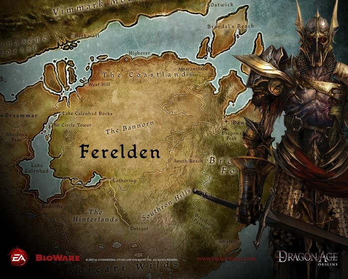 Map of Ferelden from Dragon Age: Origins with a warrior