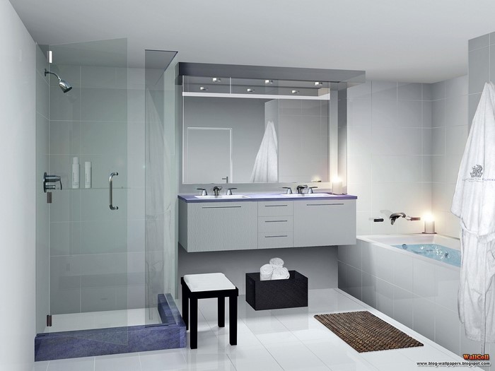 Modern bathroom with shower, bathtub, and double vanity