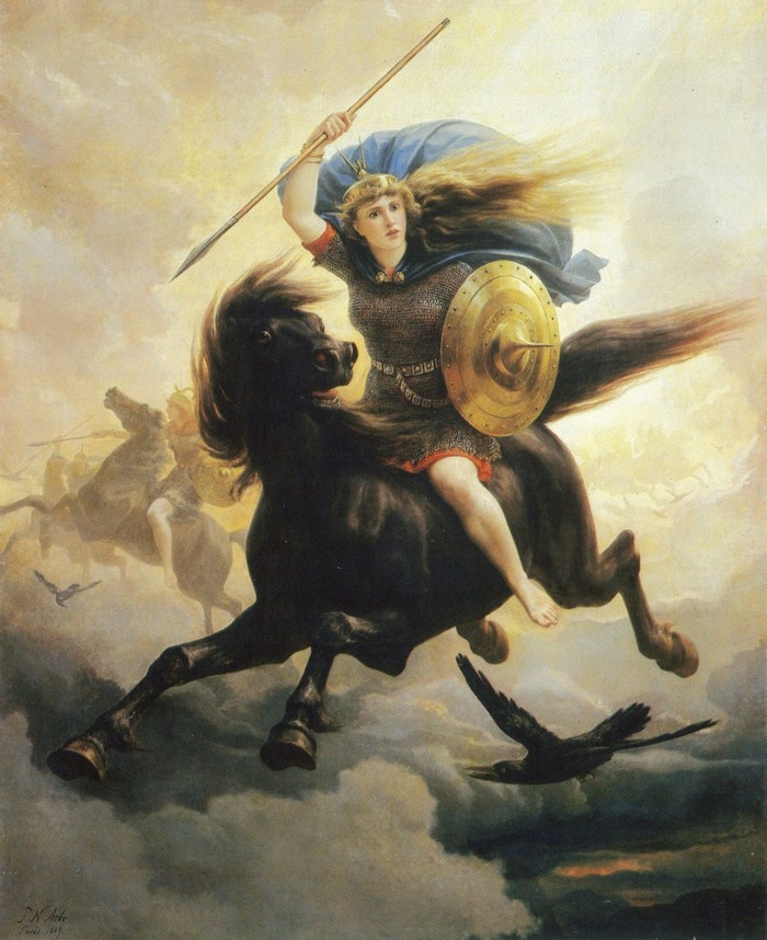 Valkyrie Riding a Horse with Spear and Shield