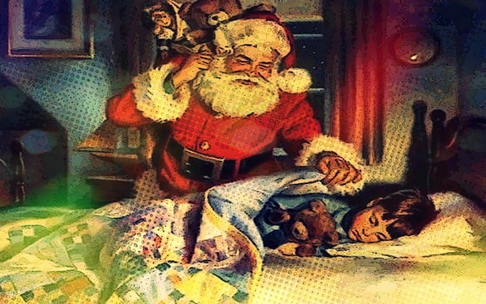 Santa Claus delivering gifts to a sleeping child