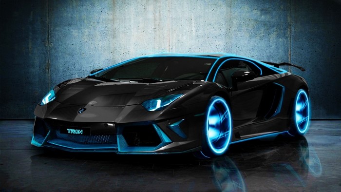 Black Lamborghini Aventador with Tron-inspired blue lighting