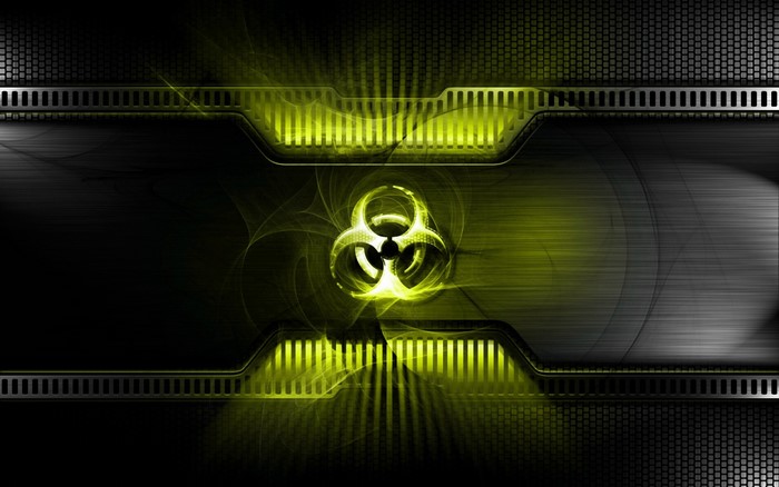 Biohazard symbol on a dark metallic background with green lights