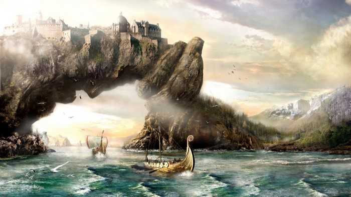 Viking ships sailing past a castle on a cliff