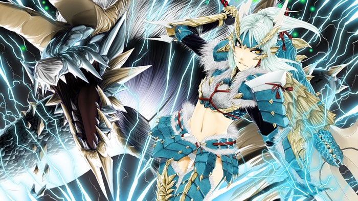 Anime girl in Zinogre armor with Zinogre monster