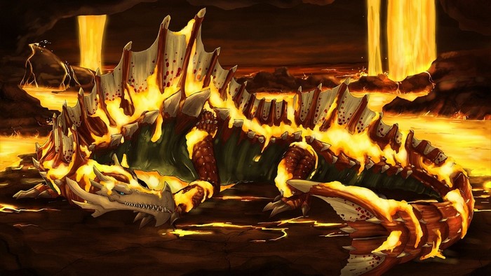 Agnaktor from Monster Hunter in a lava environment