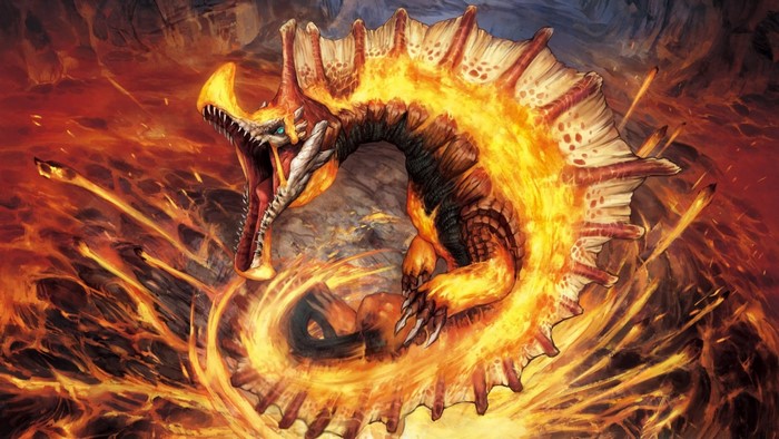 Agnaktor from Monster Hunter engulfed in flames