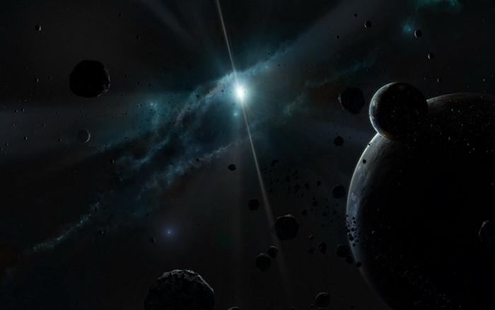 Space scene with planets, asteroids, and nebula