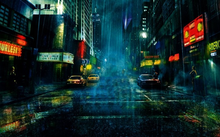 City street at night in the rain