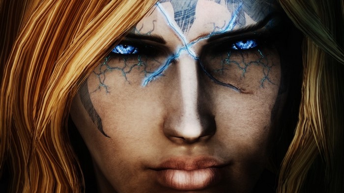 Close up portrait of a woman with blue eyes from Skyrim