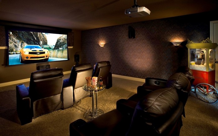 Home cinema with leather recliners and popcorn machine